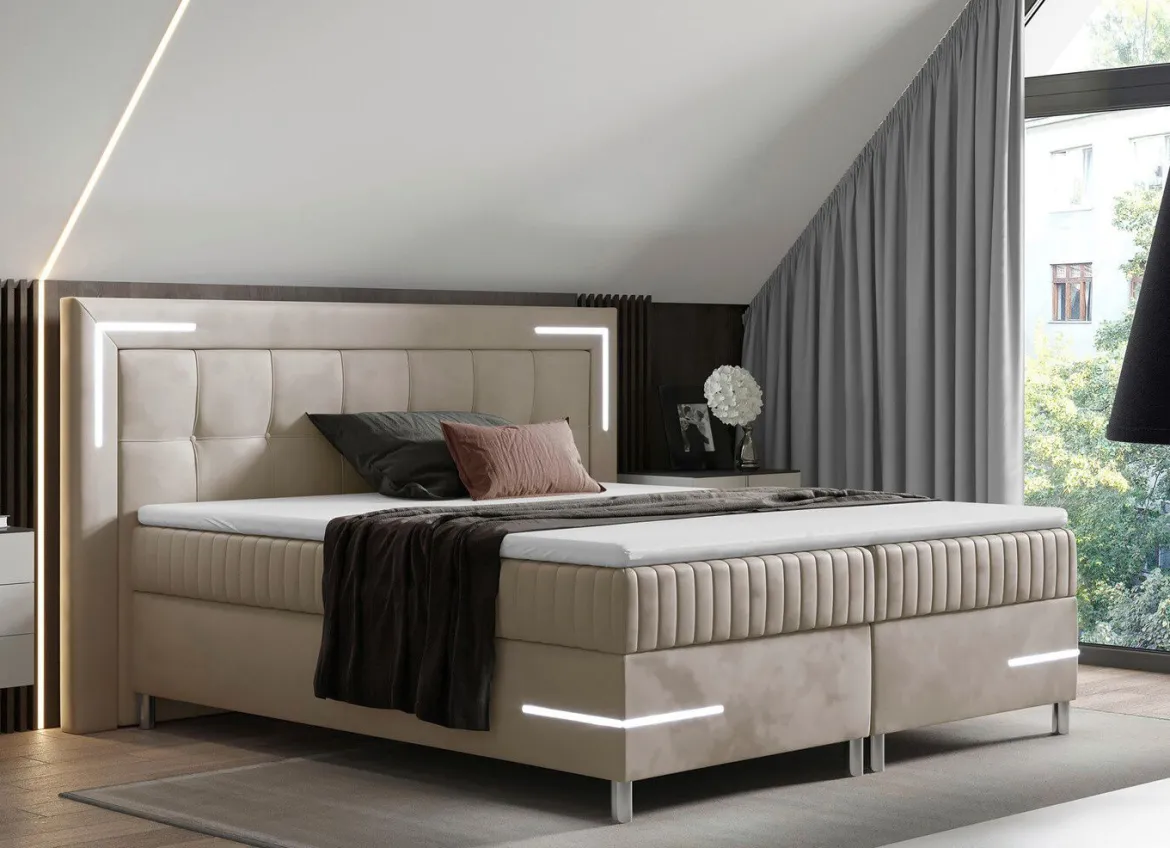 Boxspringbett mit LED-Beleuchtung und Topper
