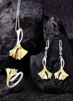 Damenring Ginkgoblatt in Bicolor mit synth. Zirkonia