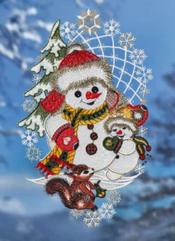 Fensterbild Schneemänner und Eichhörnchen