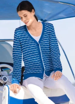Strickjacke mit feinen Ringeln und Ajourrauten