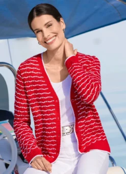 Strickjacke mit feinen Ringeln und Ajourrauten