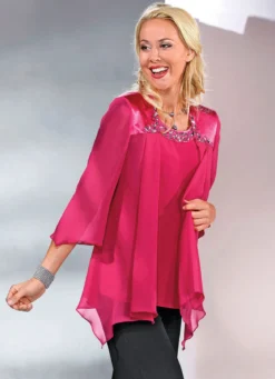 2-teiliges Blusen-Set mit glänzendem Satin-Besatz