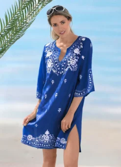 Tunika mit weißer Stickerei sowie Seitenschlitzen, reine Baumwolle